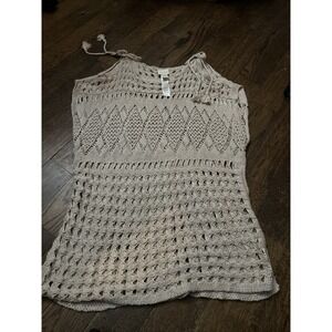 Chico's Beige Open Knit Sleeveless Sweater Cold Shoulder Ties Tassels Sz 2 Med
